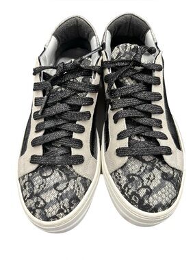 P448 Black Lace & Metallic Silver Low Top Sneakers Size EU 39